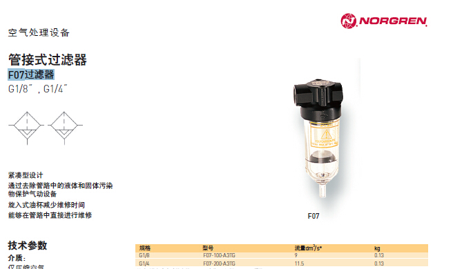 諾冠F07-100-A3TA管接式過濾器 F07系列過濾器