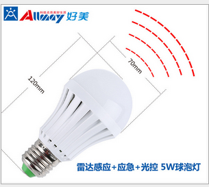 5W雷達感應帶應急功能球泡燈停電時自動轉(zhuǎn)換應急狀態(tài)