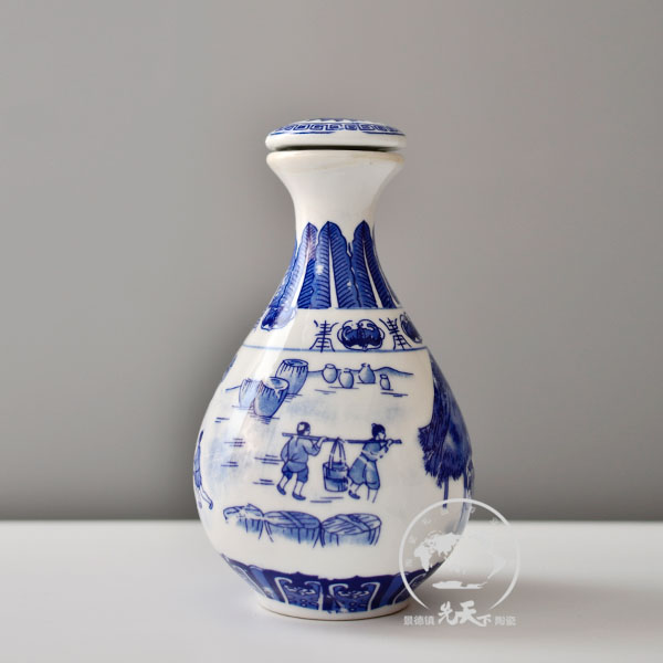 1斤青花瓷玉壺春酒瓶 釀酒圖 景德鎮(zhèn)陶瓷酒瓶廠 可定制LOGO