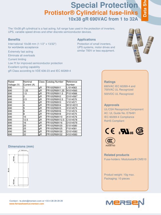 深圳發(fā)貨 MERSEN保險絲 FERRAZ熔斷器 FR10GR69V2.5 T1014570