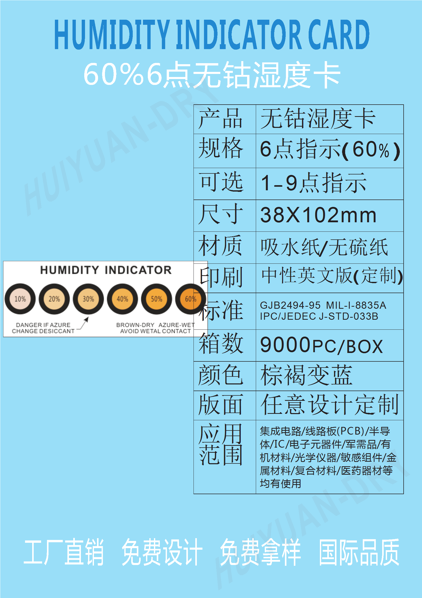 無(wú)鈷濕度指示卡包裝溫濕顯示儀器江門惠源干燥劑提供10%20%30%40%50%60%