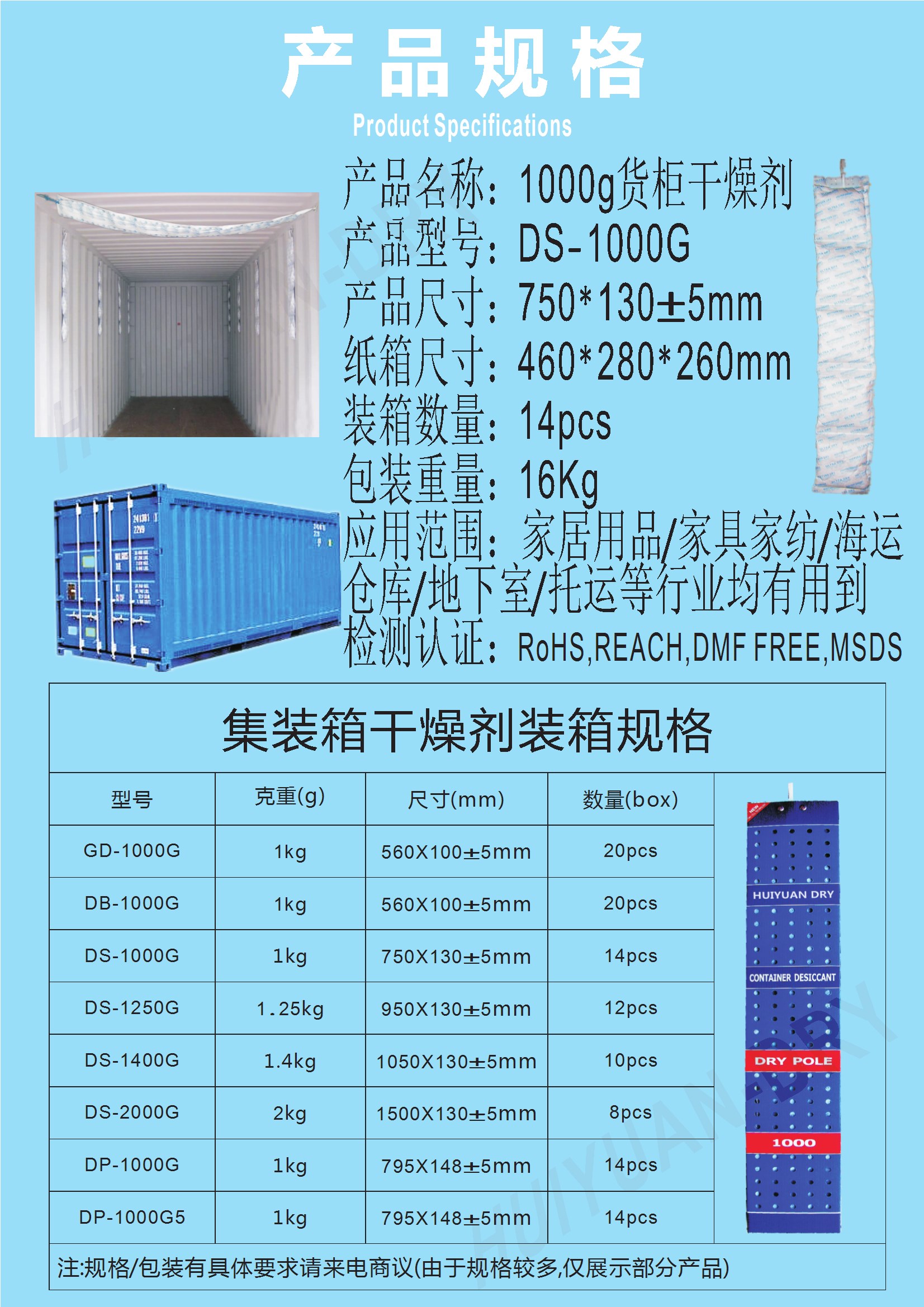 司前雙水三江貨物出口貨柜1000g集裝箱干燥劑江門(mén)惠源生產(chǎn)