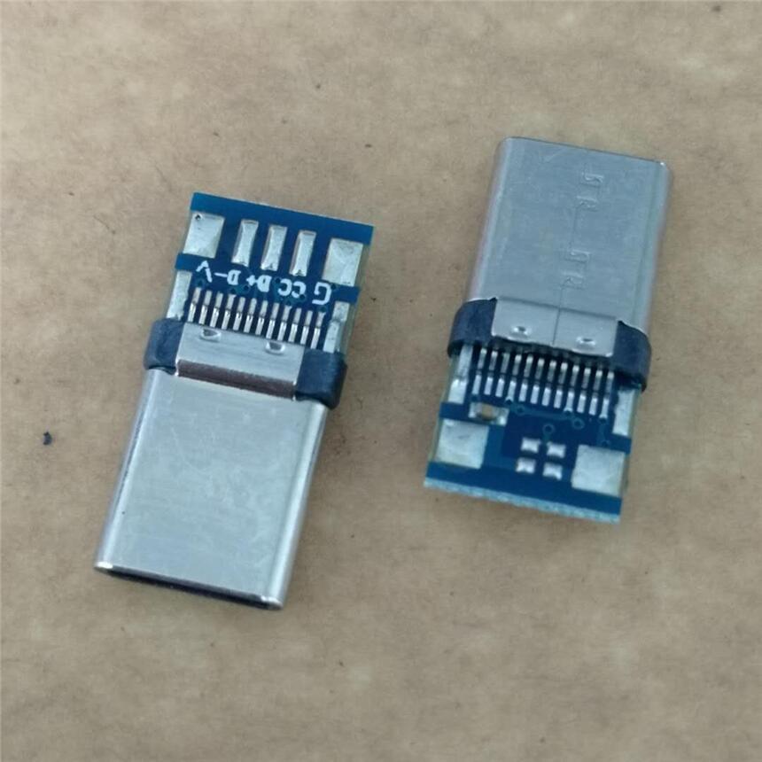 USB TYPE-C 24P夾板公頭 帶PCB板 5個(gè)焊盤 C TO C快充公頭 鉚合款