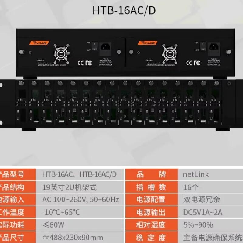 HTB-16AC/D 19英寸2U雙電源冗余電信級16槽光纖收發(fā)器插片式機框