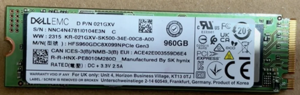 DELL EMC 021GXV HFS960GDC8X099N PCIe Gen3硬盤