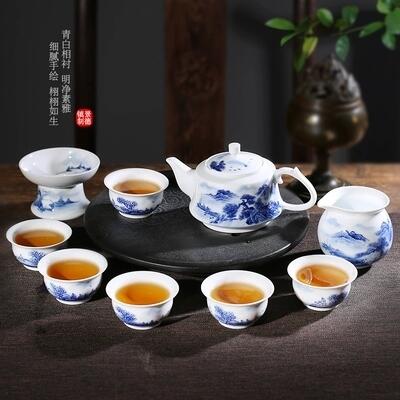 景德鎮(zhèn)功夫茶具套裝 青花瓷釉下彩陶瓷茶具中秋國慶送人禮品