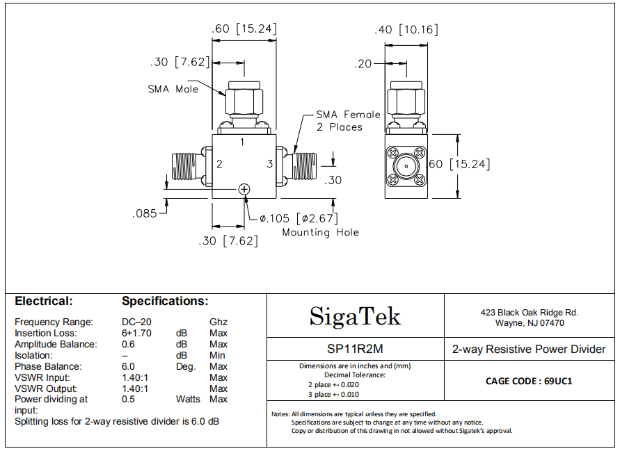 美國SigaTek電阻式功分器SP11R2M