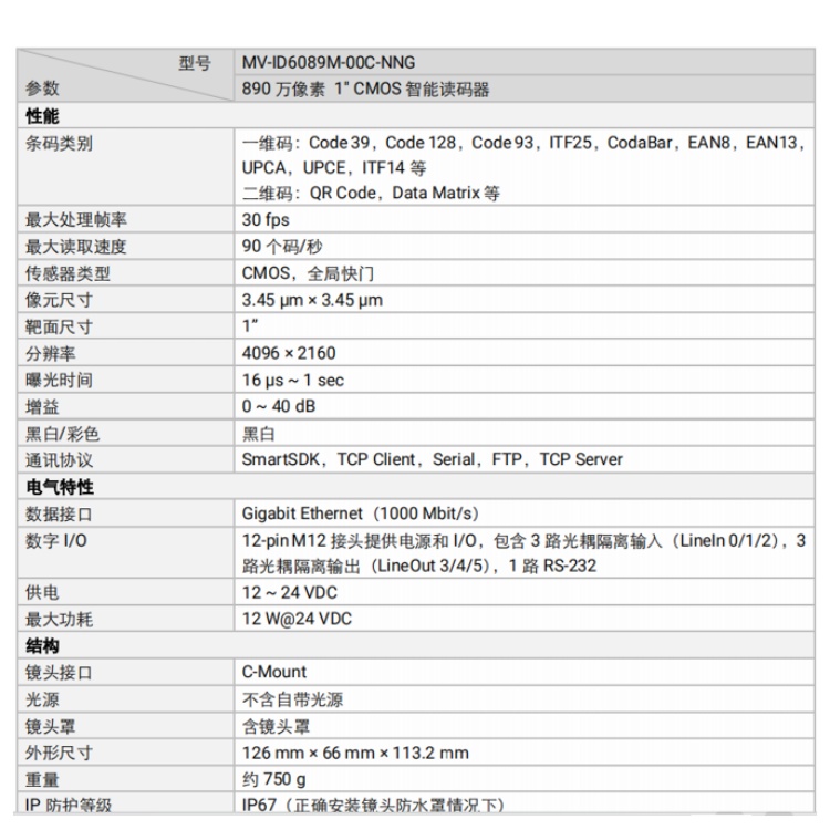 ?？禉C(jī)器人890萬1英寸智能讀碼器 MV-ID6089M-00C-NNG