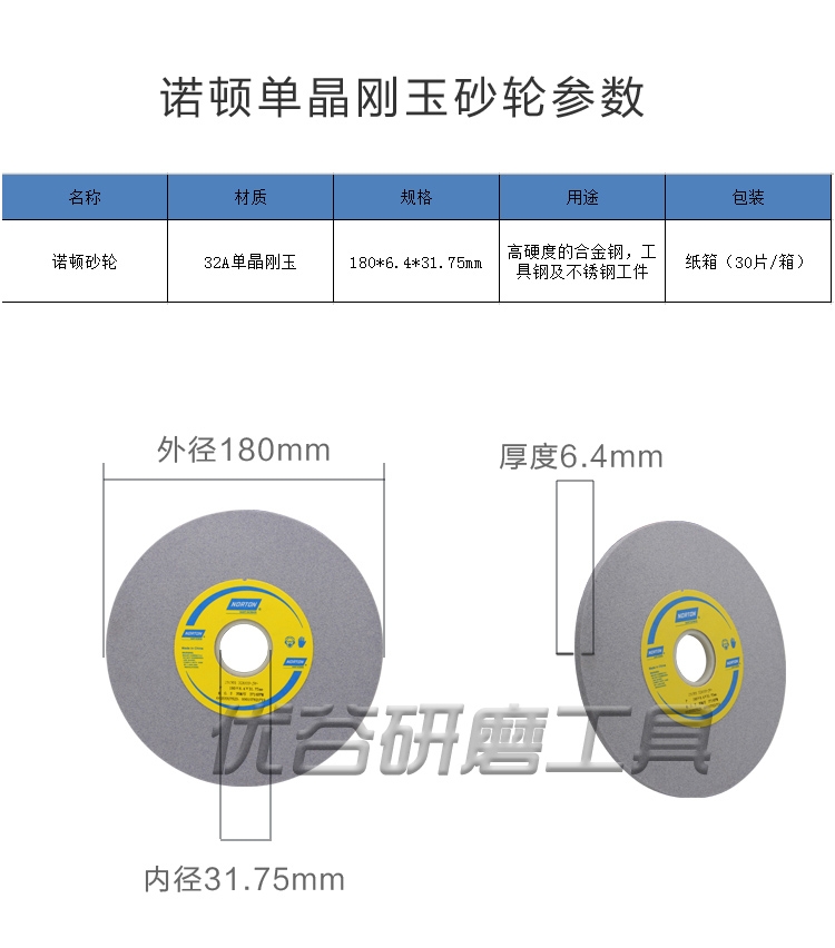 單晶剛玉諾頓工具磨平面磨床不銹鋼用砂輪沙輪片180*6.4*31.75