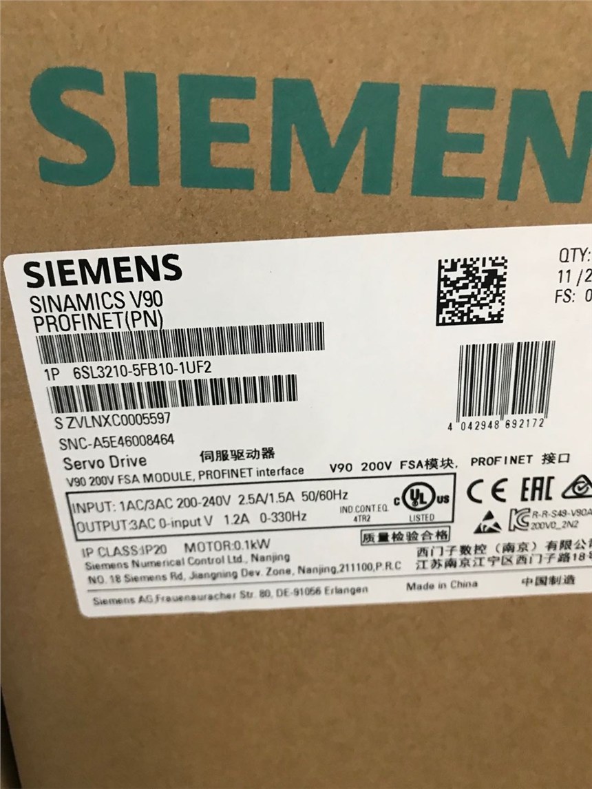 6SL3210-5FB10-1UA2 西門子 V90 0.1KW 驅動器 現(xiàn)貨供應