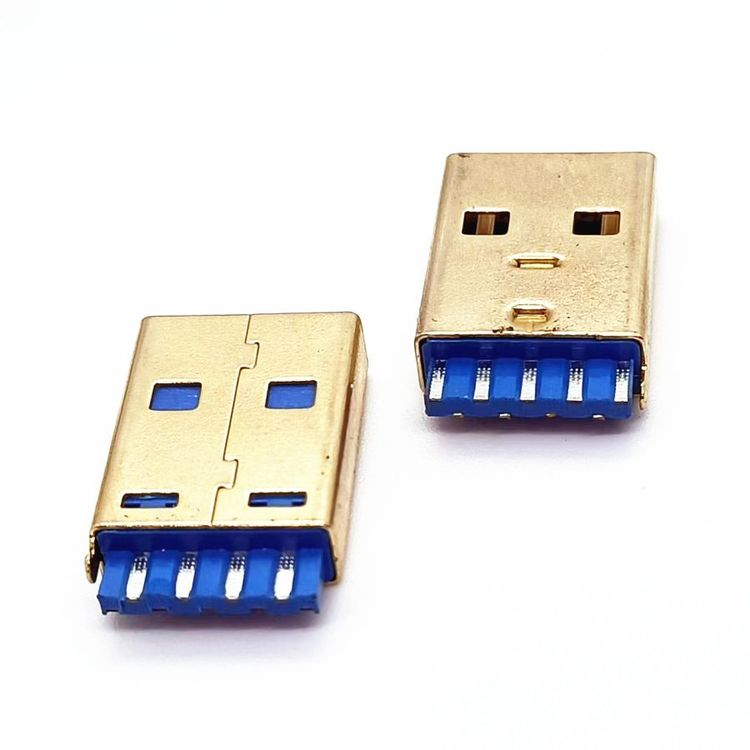 USB3.0焊線式公頭9PIN焊線AM藍膠A公3.0帶接地卡勾鍍金鍍鎳