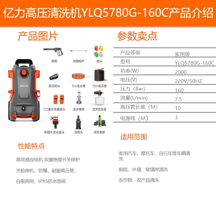 億力家用洗車機YLQ5780G-160C感應電機高壓水槍