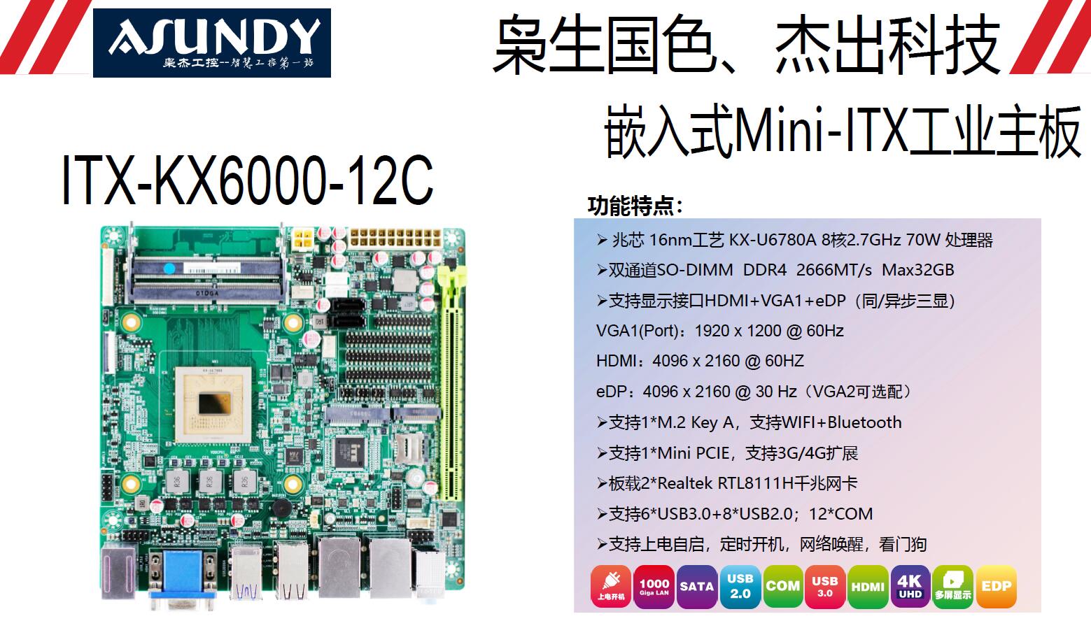 兆芯KX-U6780A支持麒麟UOS系統(tǒng)12個串工控主板ITX-KX6000-12C