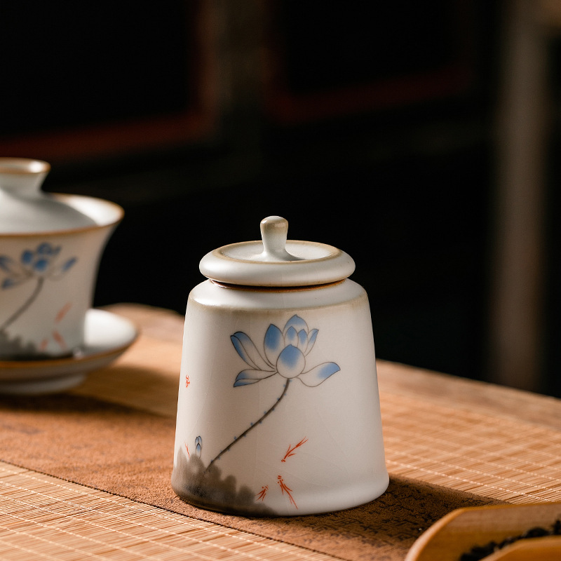景德鎮(zhèn)陶瓷小清新復(fù)古彩繪圖案茶葉罐迷你便攜戶外分裝收納食品罐