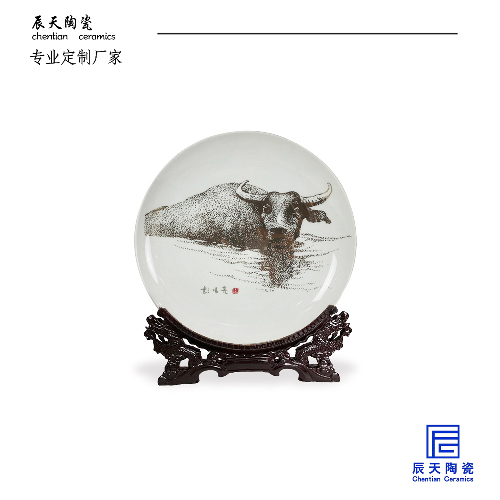 景德鎮(zhèn)陶瓷紀念盤淺浮雕鍍金?？幢P定制家居玄關(guān)博古架裝飾擺件