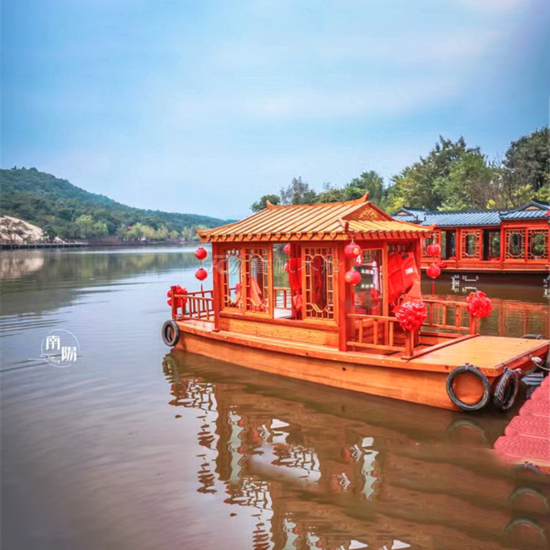 木船仿古木質(zhì)船水上旅游觀光電動船手劃單亭玻璃鋼畫舫船