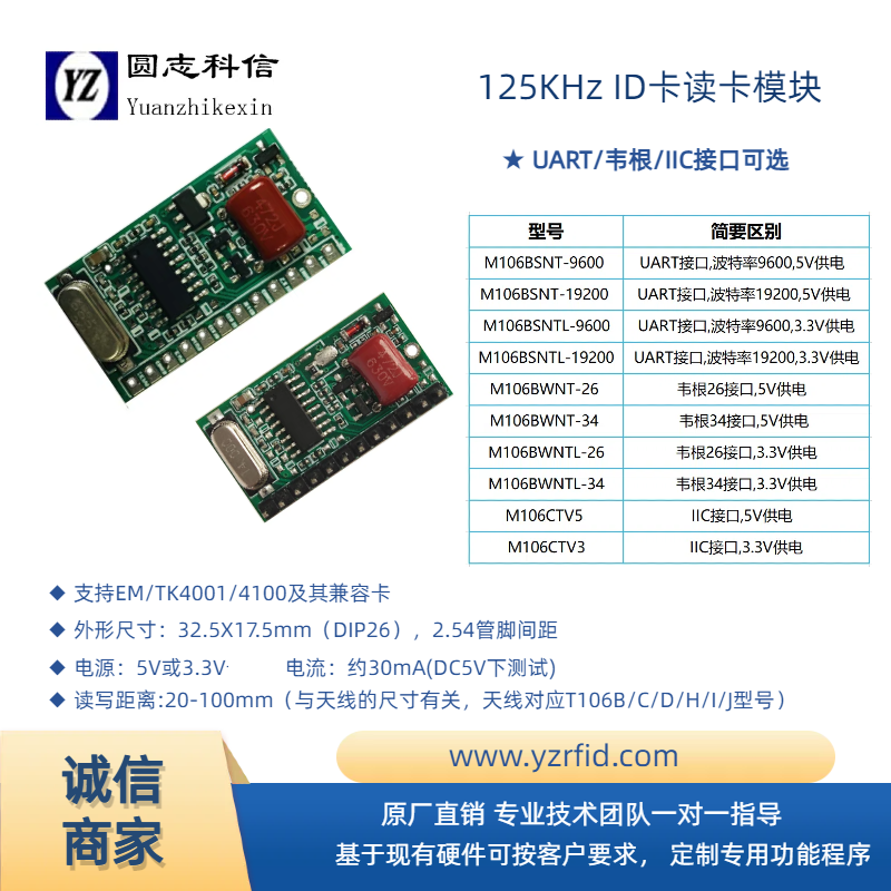 圓志科信ID卡EM卡讀卡模塊讀頭rfid低頻125K射頻識別讀卡