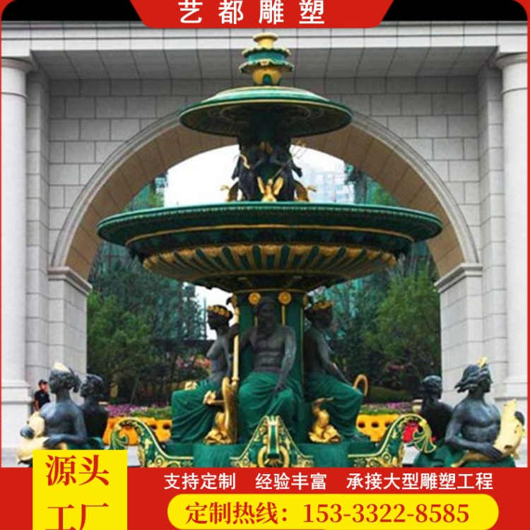 大型歐式鑄銅人物噴泉黃銅動物馬噴泉銅水景擺件