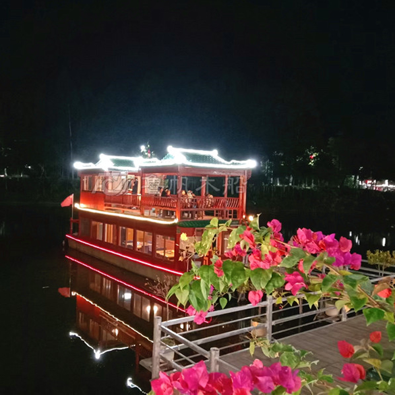 仿古中式玻璃鋼船雙層餐飲畫(huà)舫船景區(qū)接待旅游電動(dòng)游船