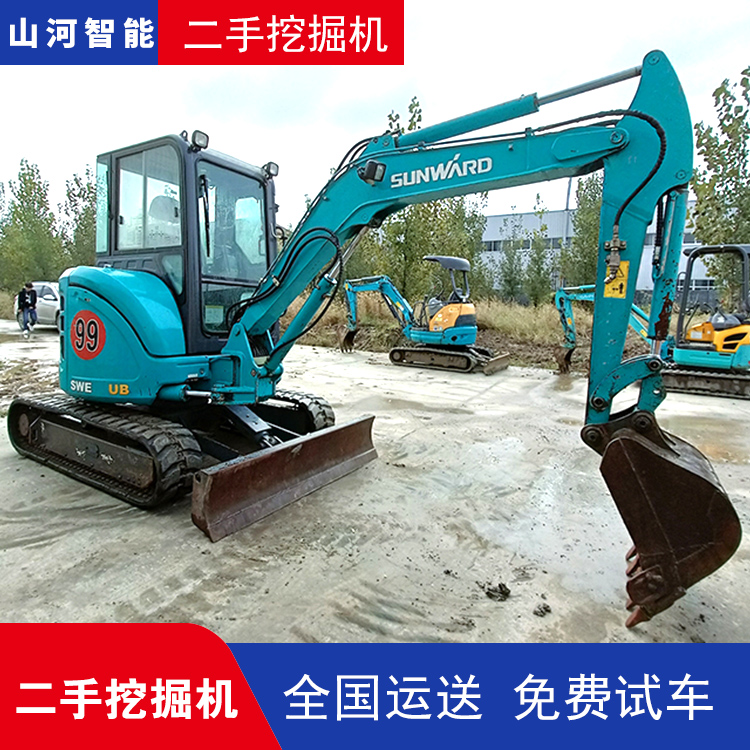 二手山河智能4噸藍(lán)色橡膠履帶小型挖掘機(jī)液壓傳動(dòng)強(qiáng)爬坡